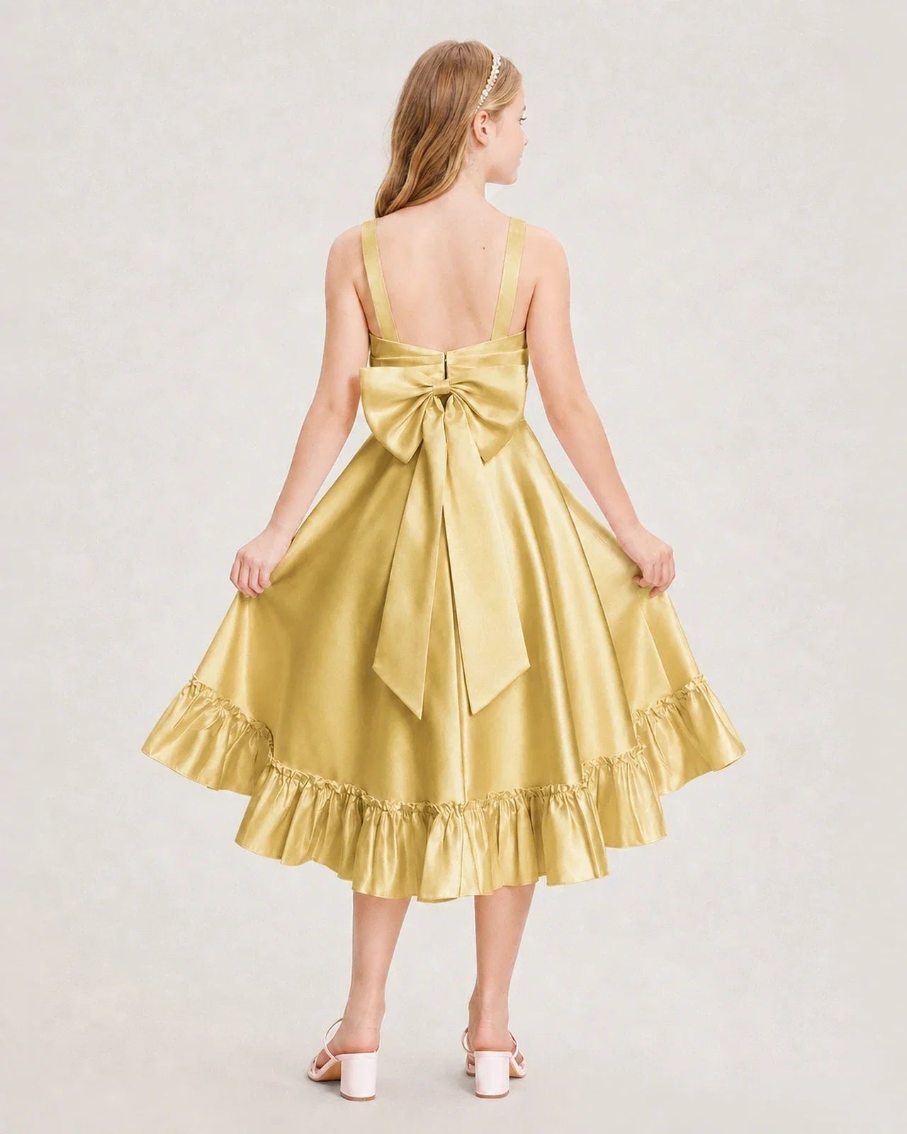 Dideyttawl Satin High-Low Junior Bridesmaid Dress with Bow