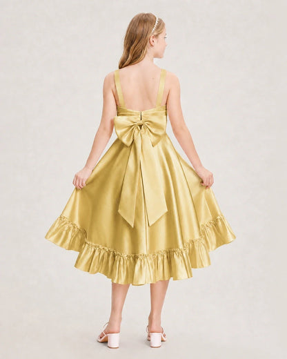 Dideyttawl Satin High-Low Junior Bridesmaid Dress with Bow