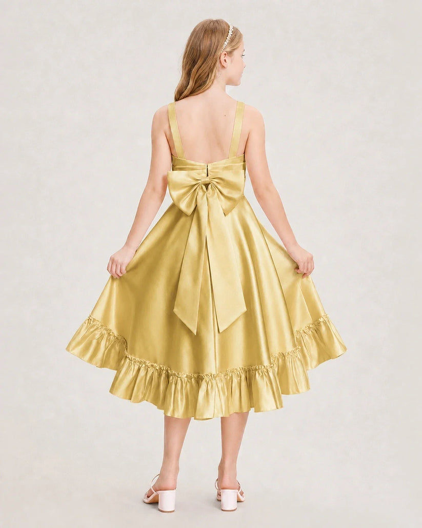 Gold Satin Bow A-Line Junior Bridesmaid Dresses Back View