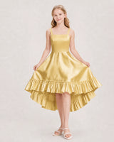 Gold satin high-low junior bridesmaid dress Front View