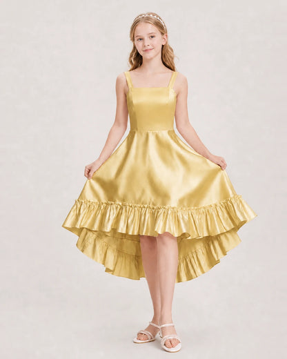 Dideyttawl Satin High-Low Junior Bridesmaid Dress with Bow