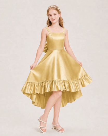 Dideyttawl Satin High-Low Junior Bridesmaid Dress with Bow