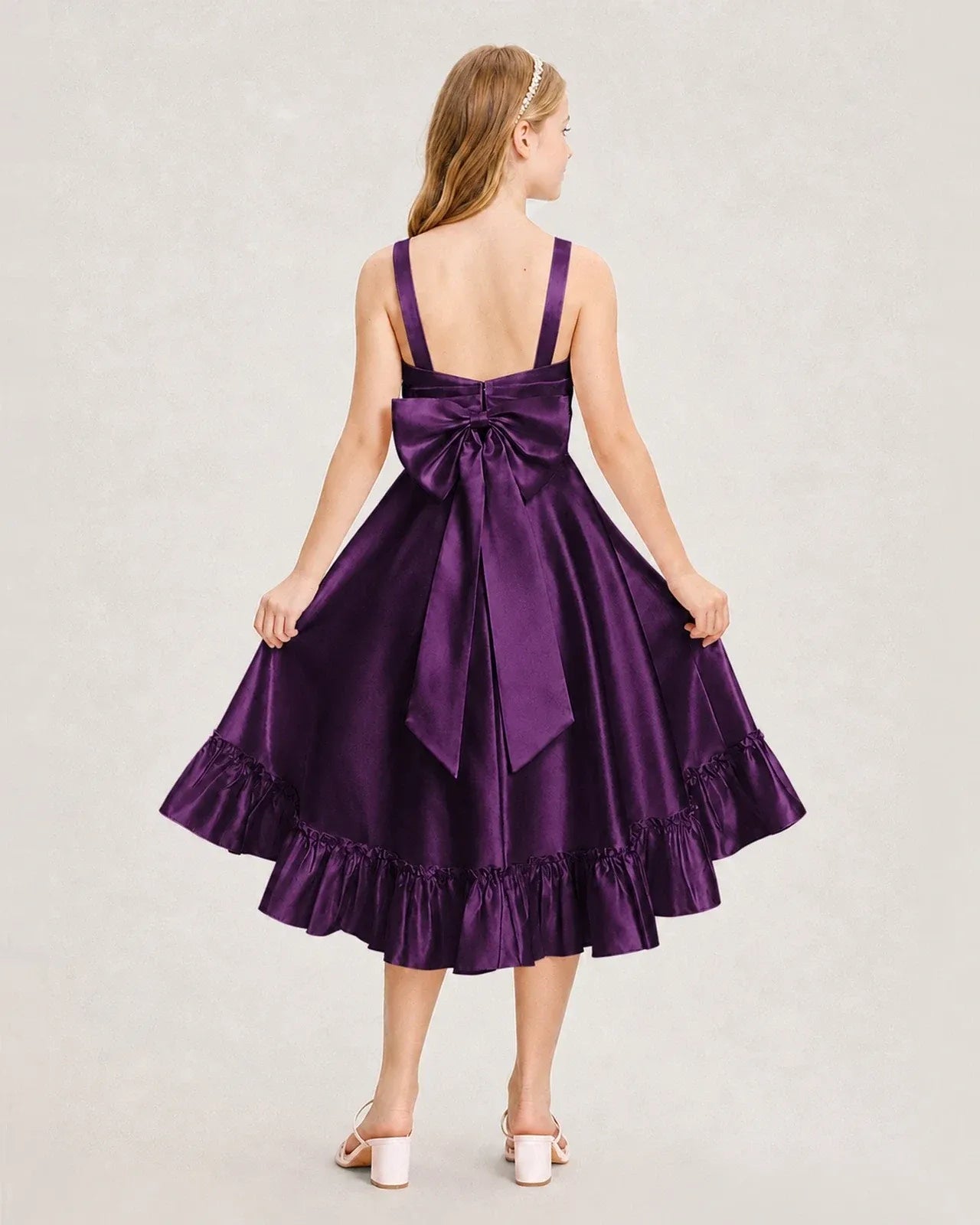 Dideyttawl Satin High-Low Junior Bridesmaid Dress with Bow