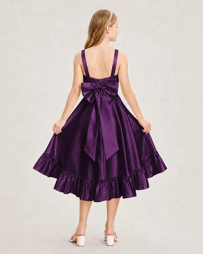 Dideyttawl Satin High-Low Junior Bridesmaid Dress with Bow