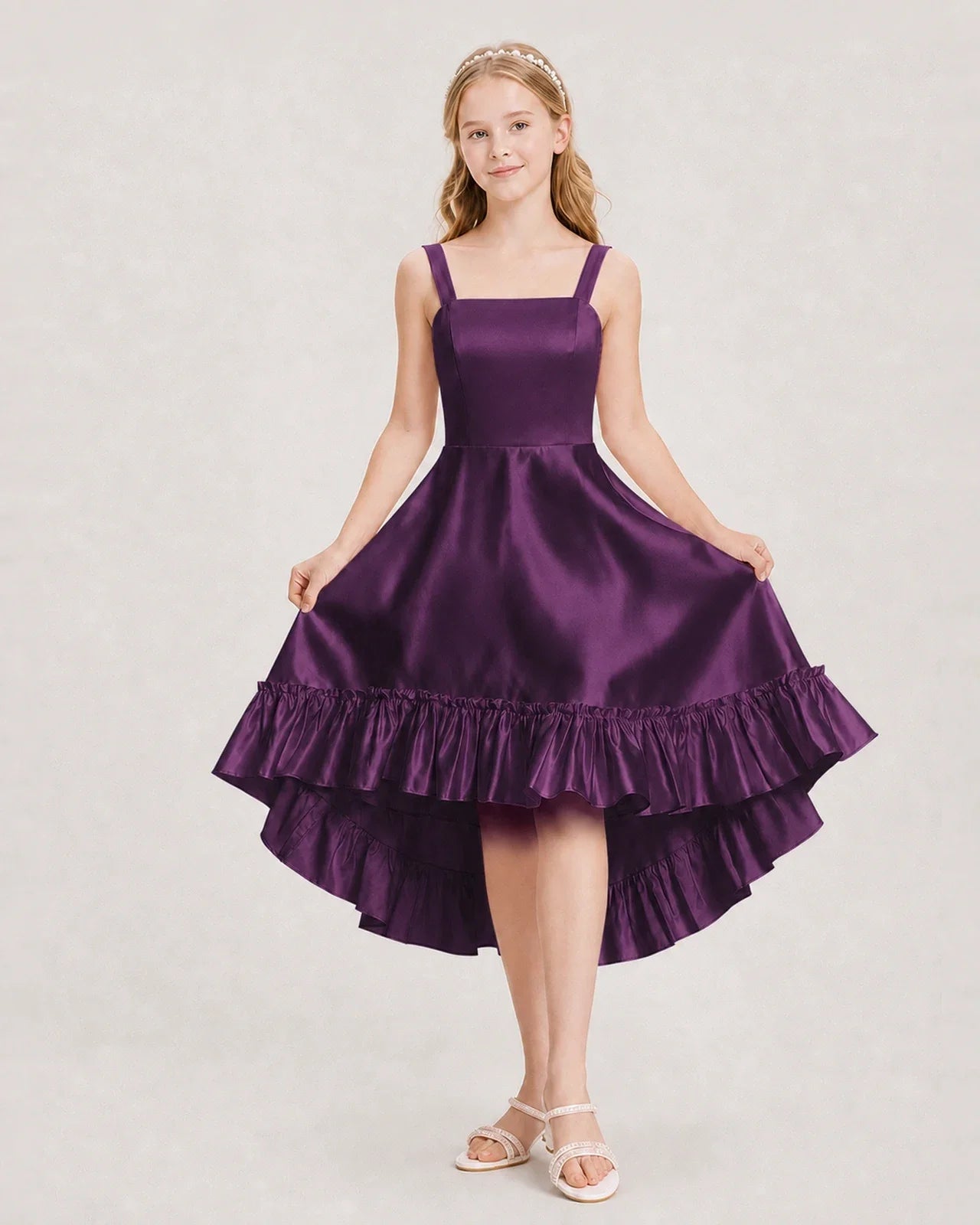 Dideyttawl Satin High-Low Junior Bridesmaid Dress with Bow