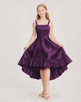 Grape Satin High-Low Junior Bridesmaid Dresses Front View