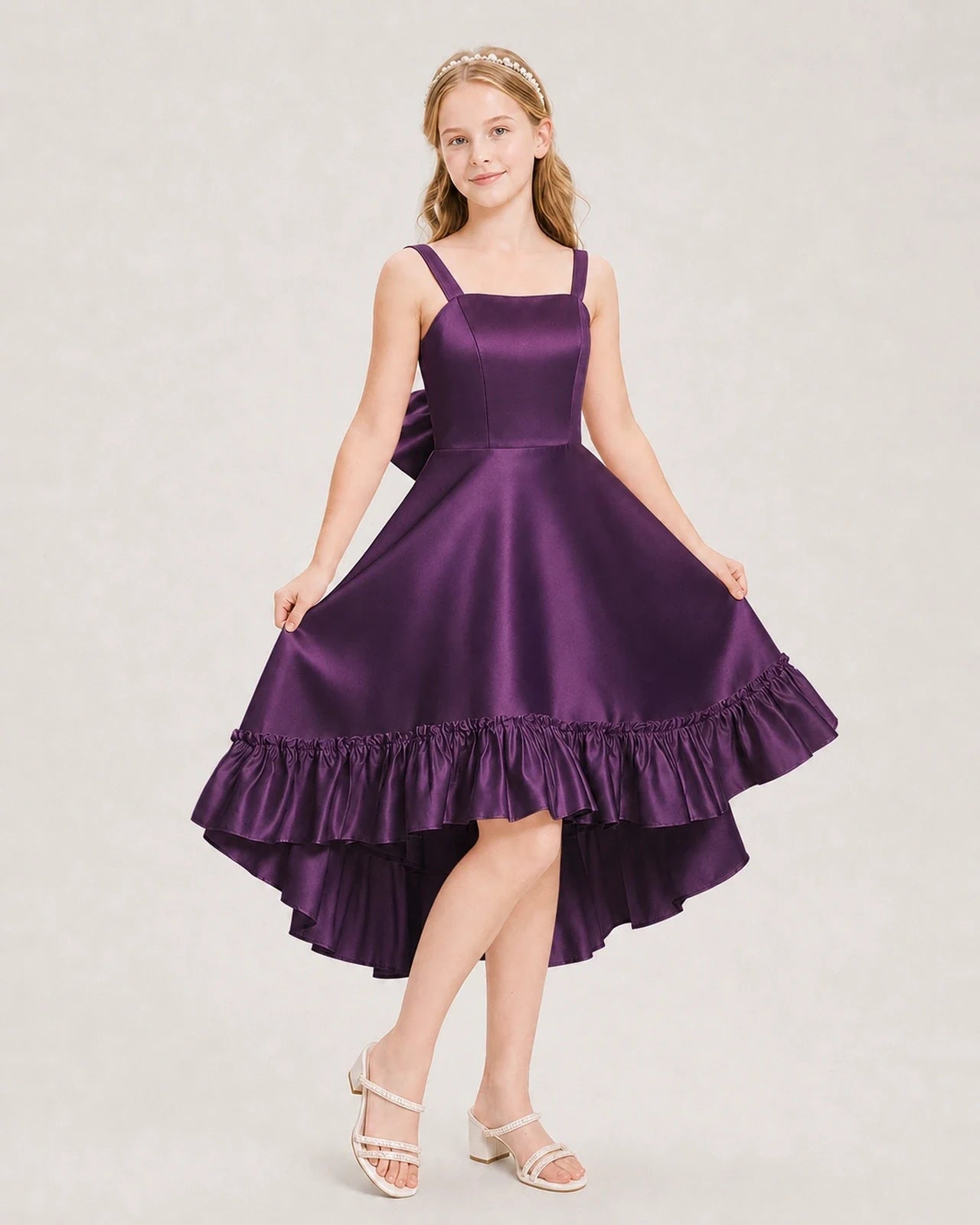 Dideyttawl Satin High-Low Junior Bridesmaid Dress with Bow