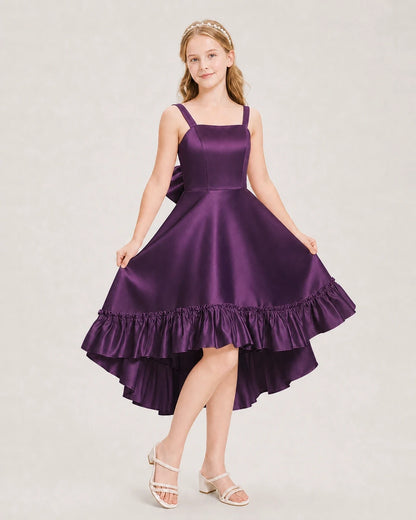 Dideyttawl Satin High-Low Junior Bridesmaid Dress with Bow