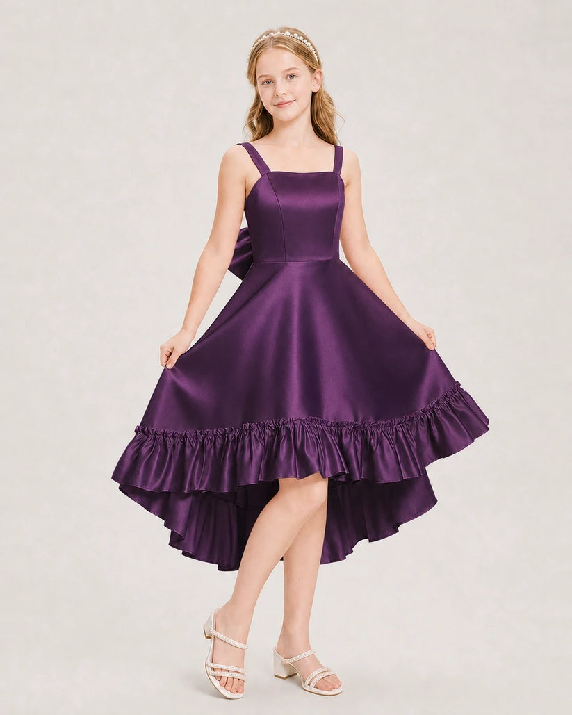 Grape Satin High-Low Junior Bridesmaid Dresses
