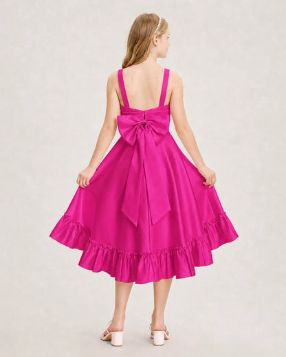Dideyttawl Satin High-Low Junior Bridesmaid Dress with Bow