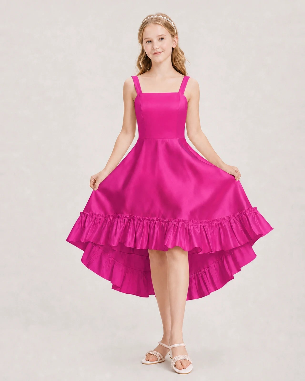 Dideyttawl Satin High-Low Junior Bridesmaid Dress with Bow