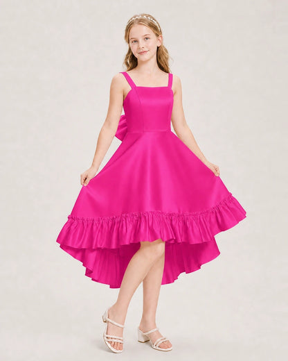Dideyttawl Satin High-Low Junior Bridesmaid Dress with Bow