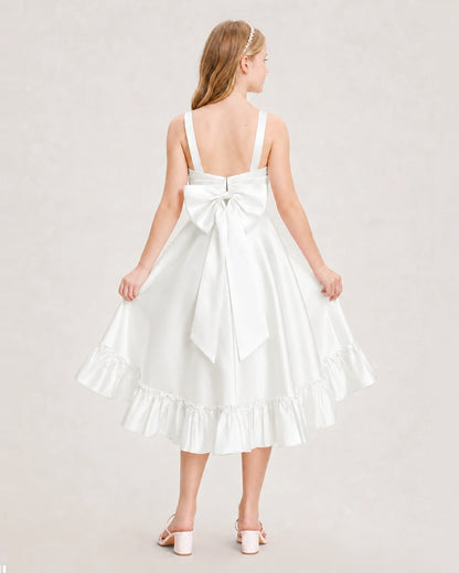 Dideyttawl Satin High-Low Junior Bridesmaid Dress with Bow