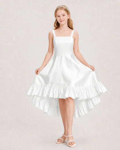 Dideyttawl Satin High-Low Junior Bridesmaid Dress with Bow
