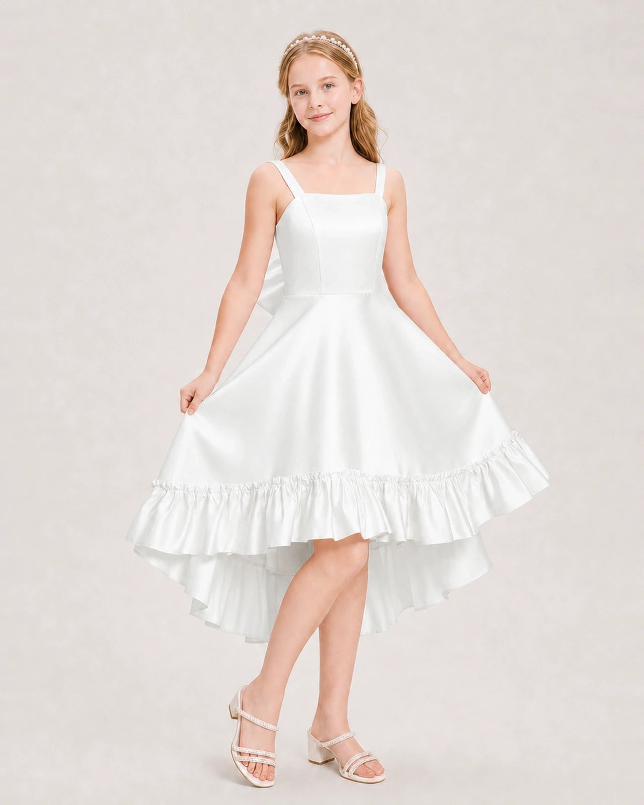 Dideyttawl Satin High-Low Junior Bridesmaid Dress with Bow