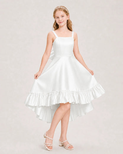 Dideyttawl Satin High-Low Junior Bridesmaid Dress with Bow