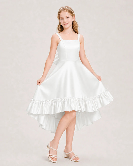 Ivory Satin Ruffled High-Low Junior Bridesmaid Dresses
