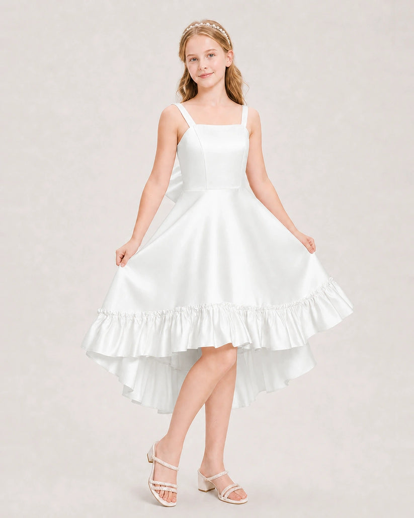 Ivory Satin Ruffled High-Low Junior Bridesmaid Dresses