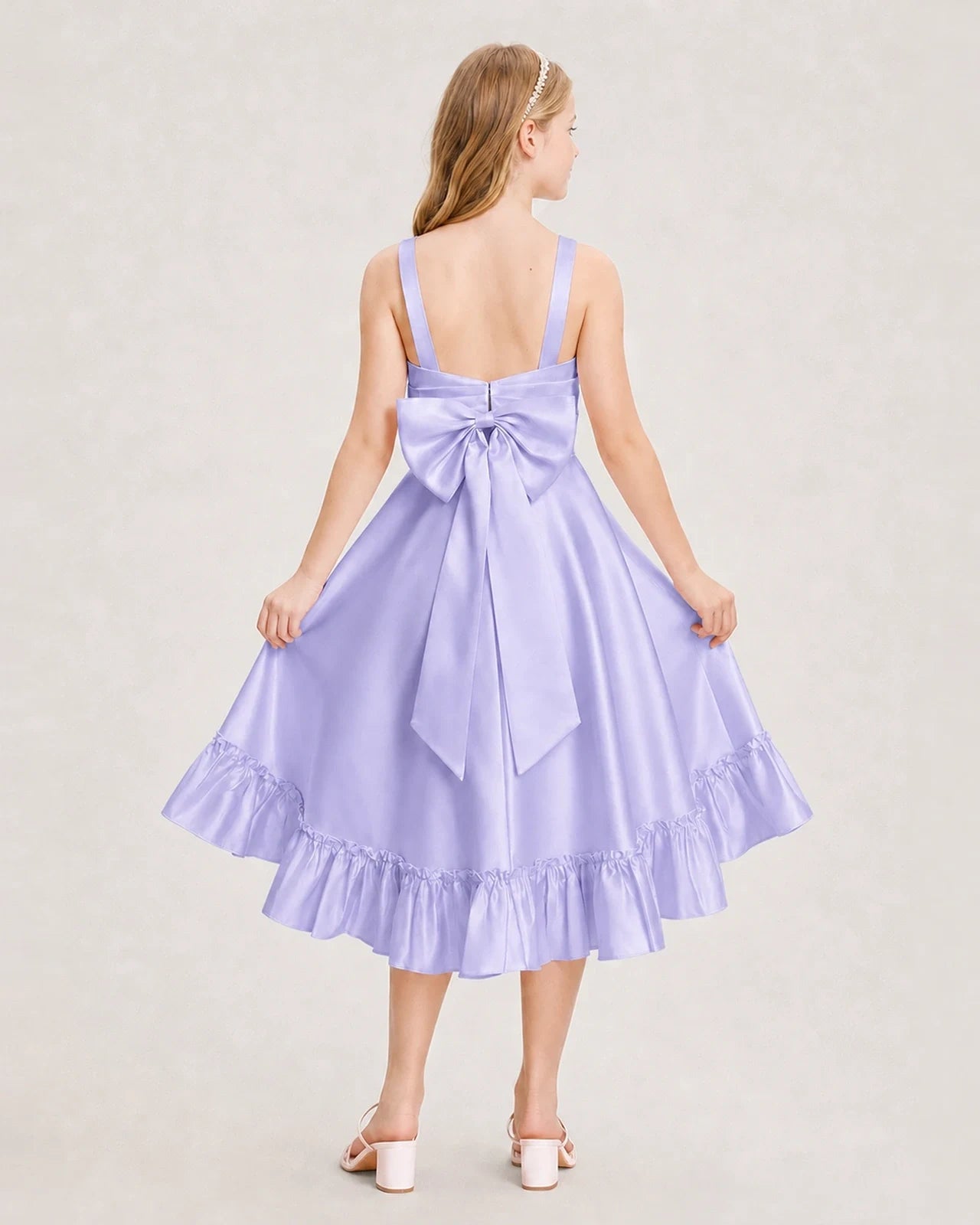 Dideyttawl Satin High-Low Junior Bridesmaid Dress with Bow