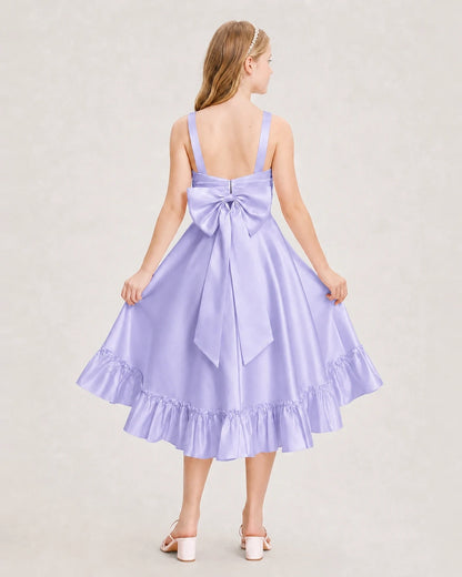 Dideyttawl Satin High-Low Junior Bridesmaid Dress with Bow