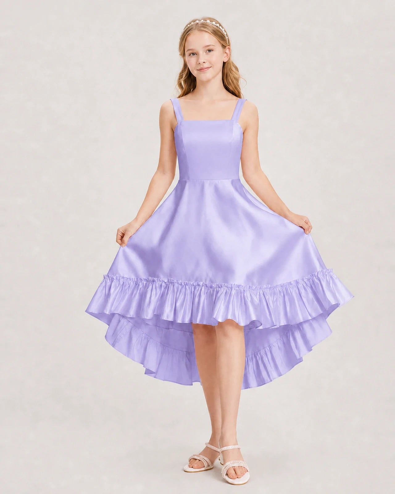 Dideyttawl Satin High-Low Junior Bridesmaid Dress with Bow