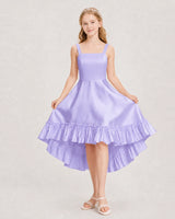 Lavender satin square-neck high-low junior bridesmaid dress, front view