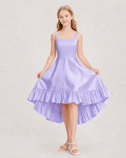 Dideyttawl Satin High-Low Junior Bridesmaid Dress with Bow