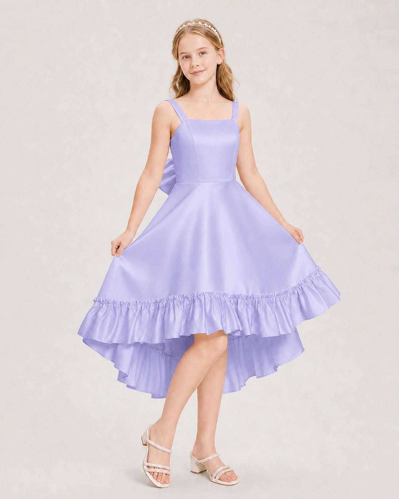 Dideyttawl Satin High-Low Junior Bridesmaid Dress with Bow