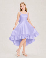 Lavender Satin Ruffle Hem High-Low Junior Bridesmaid Dresses Front View
