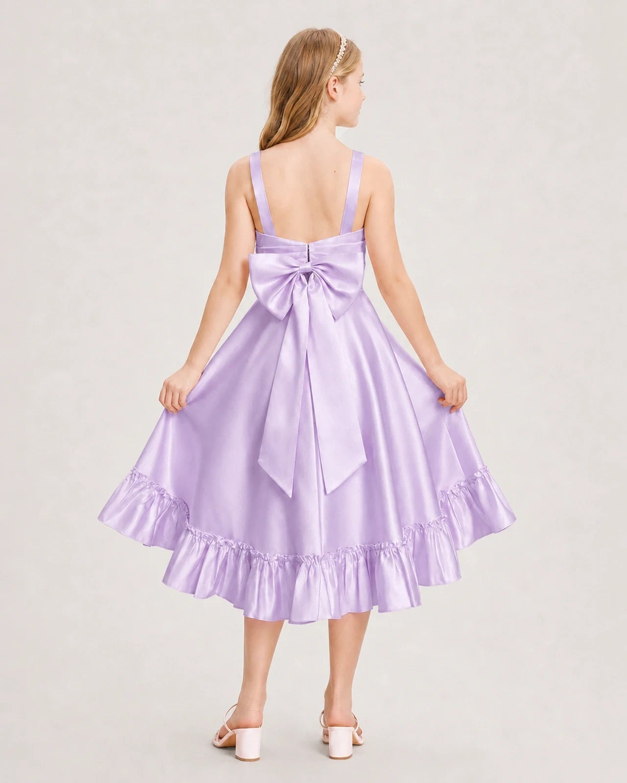 Dideyttawl Satin High-Low Junior Bridesmaid Dress with Bow