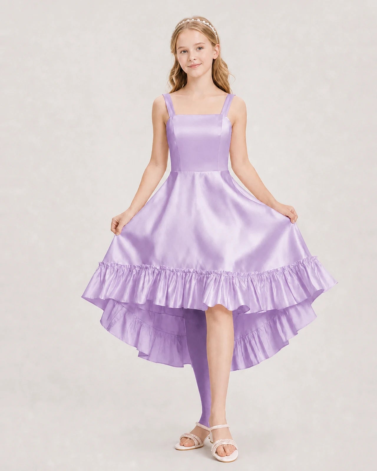 Dideyttawl Satin High-Low Junior Bridesmaid Dress with Bow
