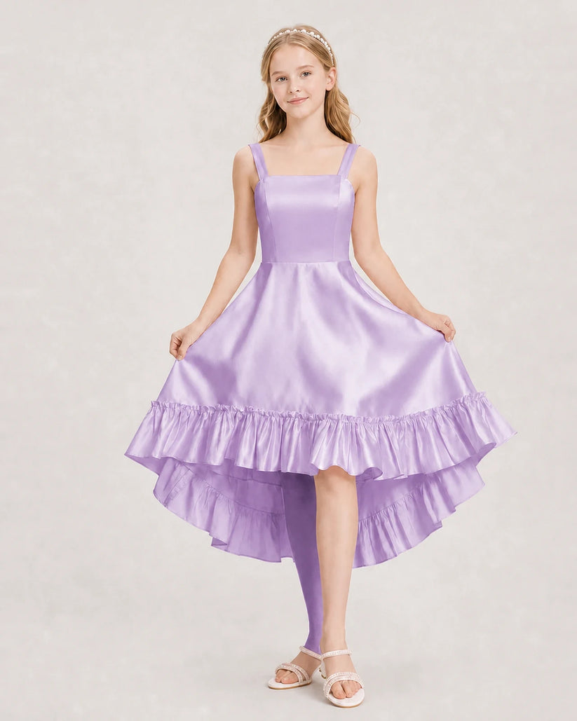 Lilac Satin Ruffle High Low Junior Bridesmaid Dresses Front View