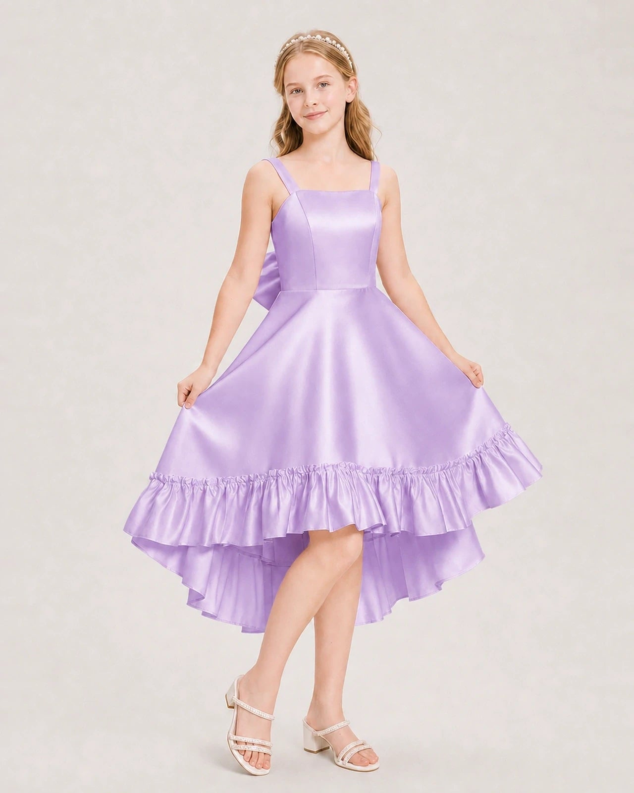 Dideyttawl Satin High-Low Junior Bridesmaid Dress with Bow