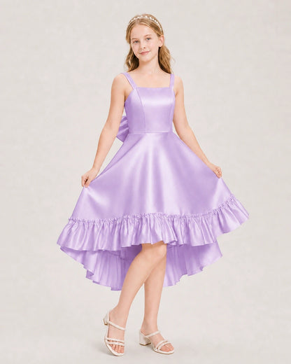 Dideyttawl Satin High-Low Junior Bridesmaid Dress with Bow