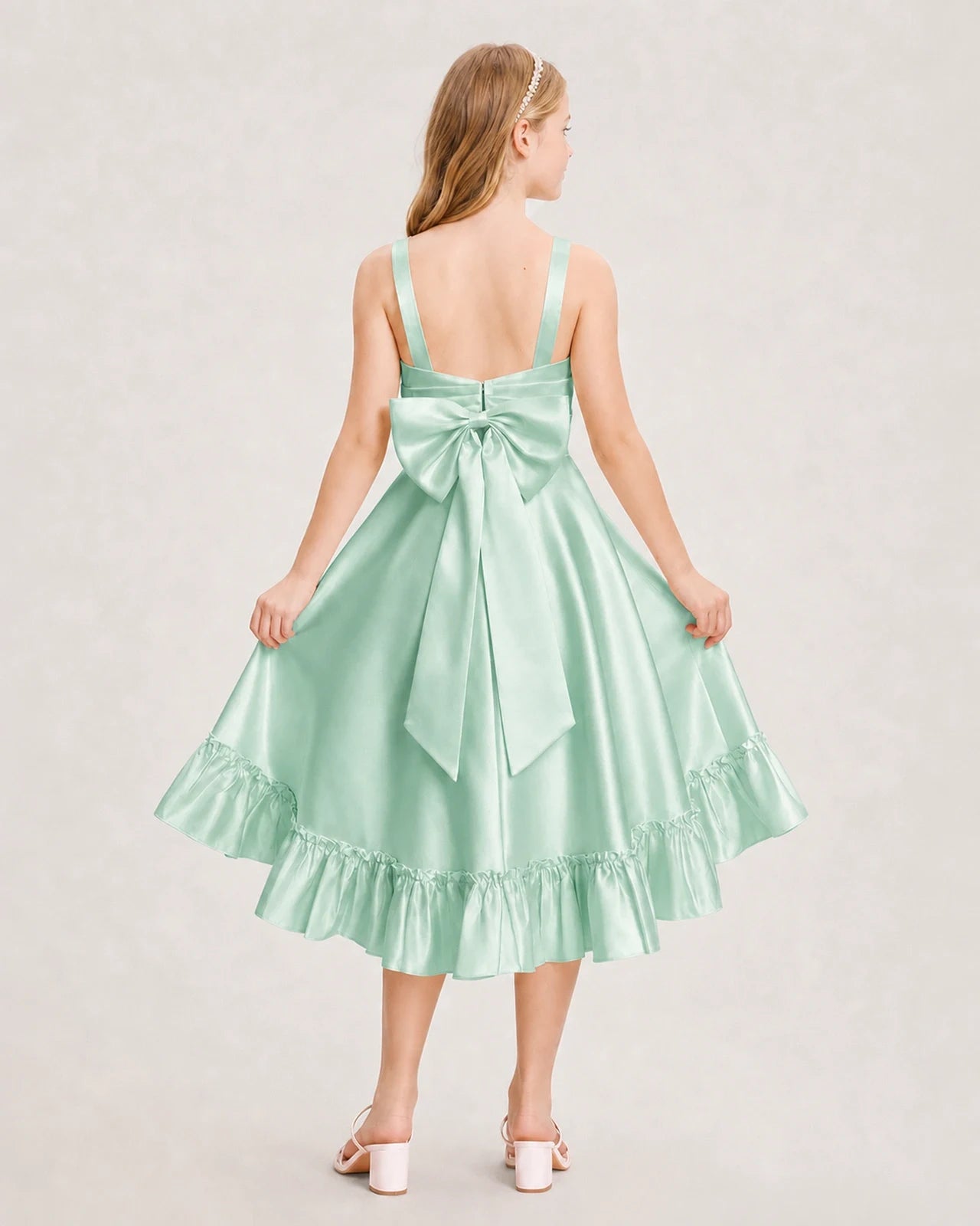 Dideyttawl Satin High-Low Junior Bridesmaid Dress with Bow