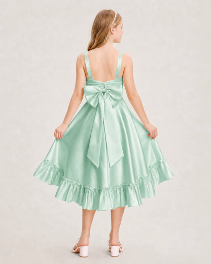 Dideyttawl Satin High-Low Junior Bridesmaid Dress with Bow