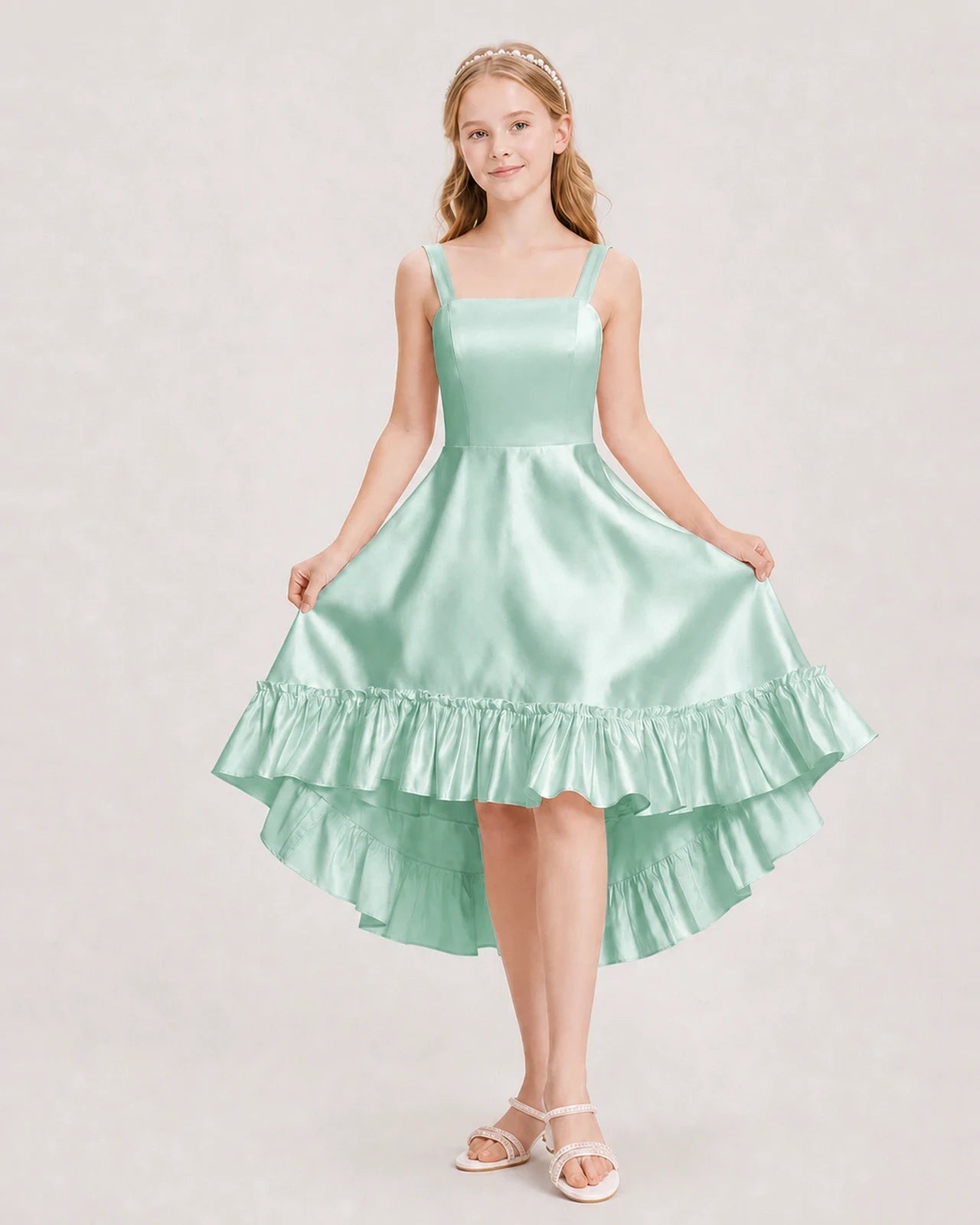Dideyttawl Satin High-Low Junior Bridesmaid Dress with Bow