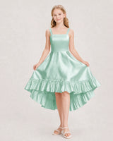 Mint green satin square neck high low junior bridesmaid dress, front view