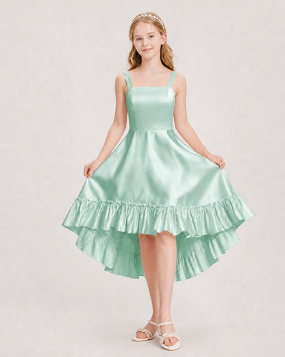 Dideyttawl Satin High-Low Junior Bridesmaid Dress with Bow