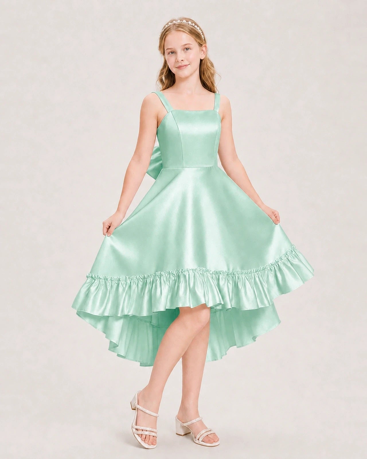 Dideyttawl Satin High-Low Junior Bridesmaid Dress with Bow