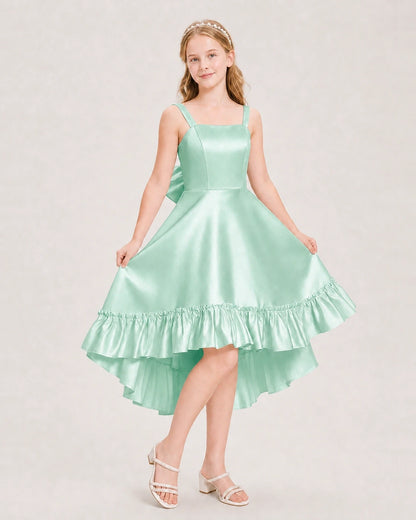 Dideyttawl Satin High-Low Junior Bridesmaid Dress with Bow