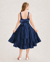Navy Blue Satin A-Line Junior Bridesmaid Dresses Back View