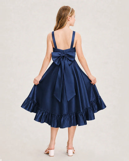 Dideyttawl Satin High-Low Junior Bridesmaid Dress with Bow