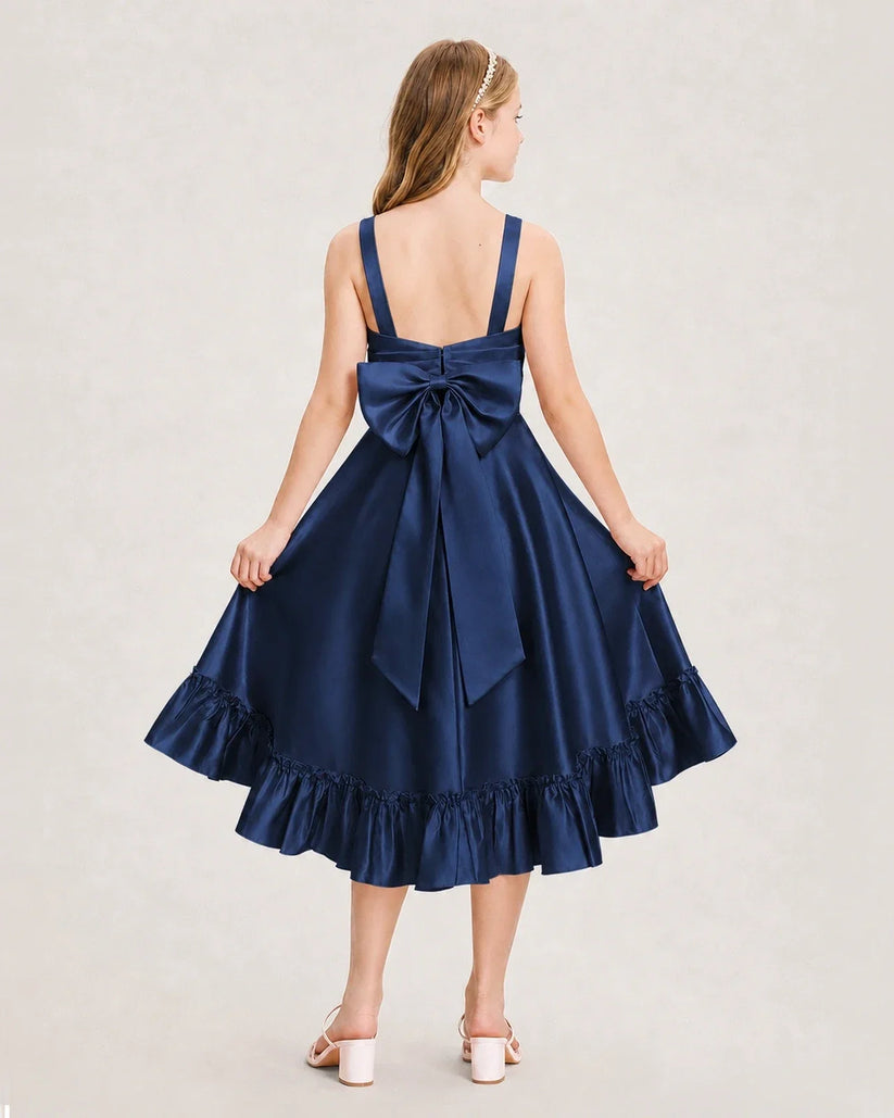 Navy Blue Satin A-Line Junior Bridesmaid Dresses Back View
