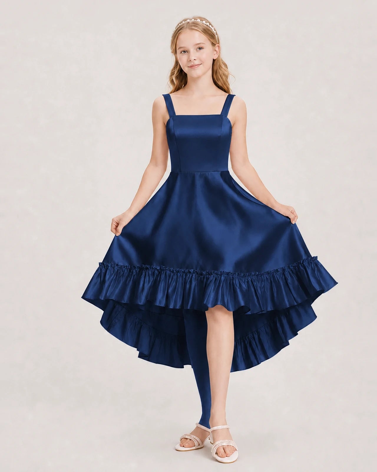 Dideyttawl Satin High-Low Junior Bridesmaid Dress with Bow