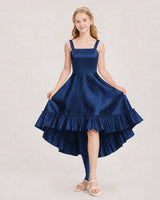 Navy Blue Satin High Low Junior Bridesmaid Dresses Front View