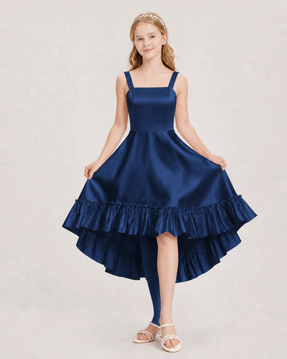 Dideyttawl Satin High-Low Junior Bridesmaid Dress with Bow