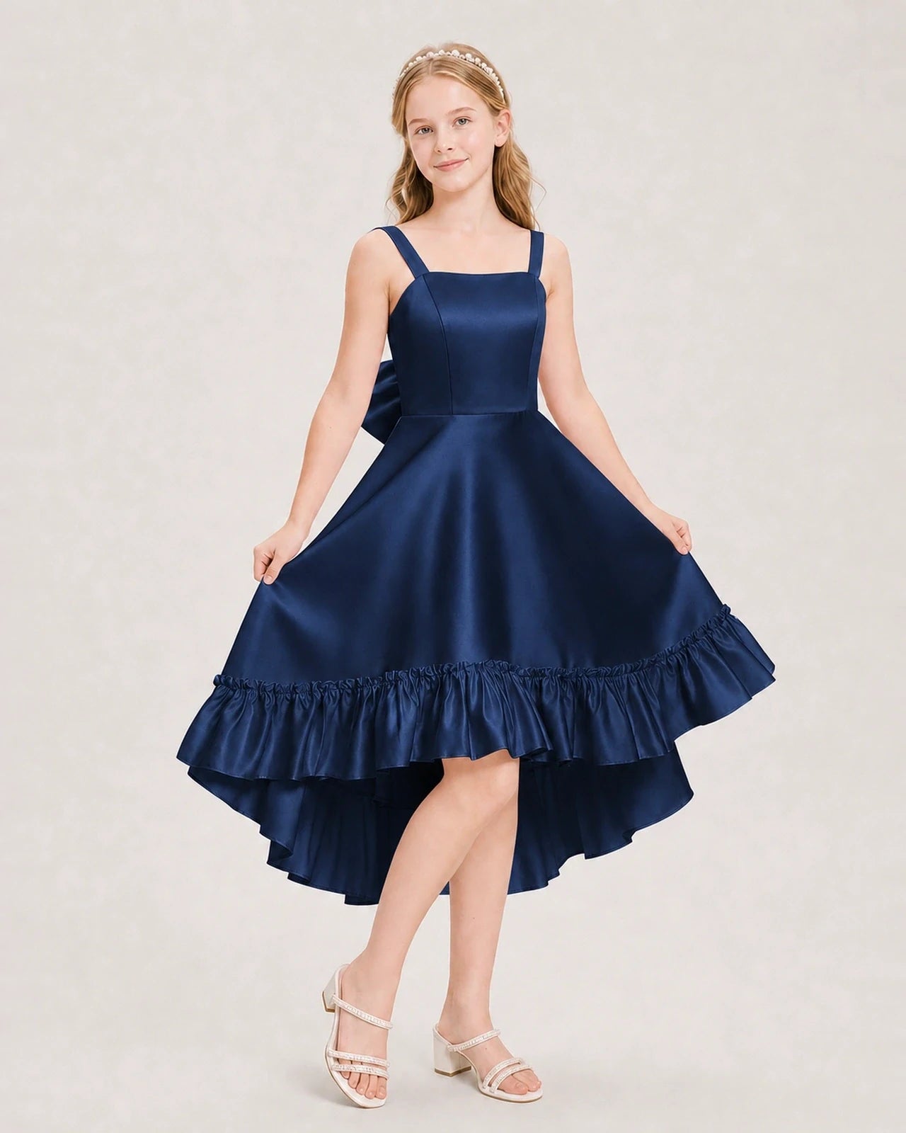 Dideyttawl Satin High-Low Junior Bridesmaid Dress with Bow