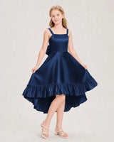 Navy Blue Satin High Low Junior Bridesmaid Dresses