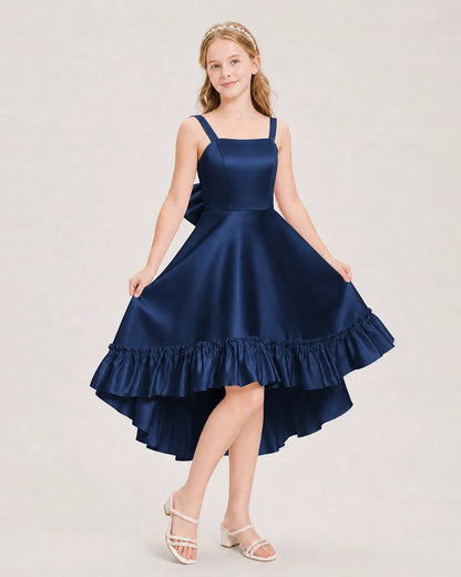 Dideyttawl Satin High-Low Junior Bridesmaid Dress with Bow
